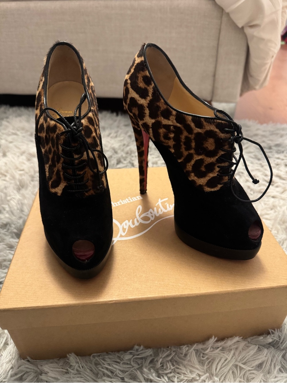 Christian Louboutin Black Suede & Leopard Print Peep-Toe Lace-Up Heels